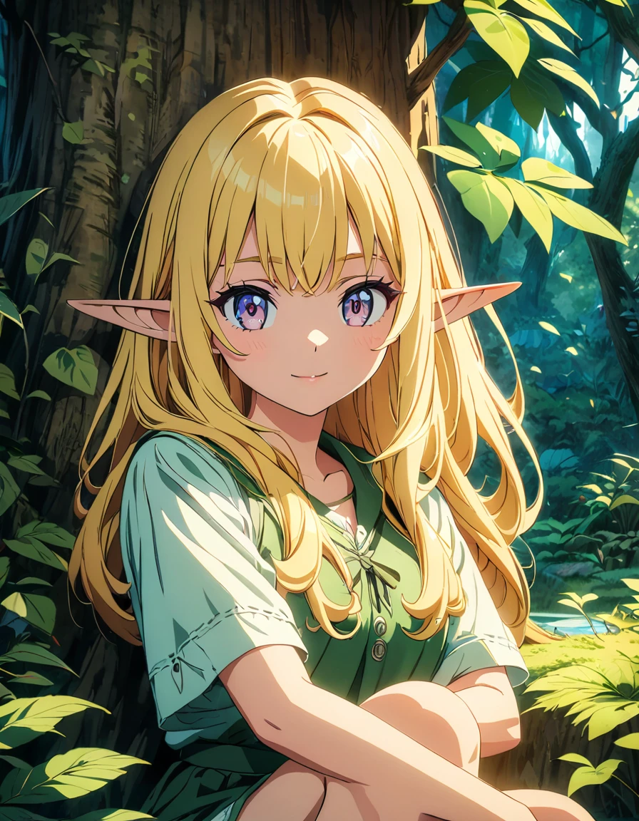 a beautiful elf girl in a deep forest, detailed face, long hair, curious expression, sitting under a tree, anime style, highly detailed, 8k, fantasy art, warm colors, natural lighting, magical atmosphere, lush foliage, mossy ground, detailed environment