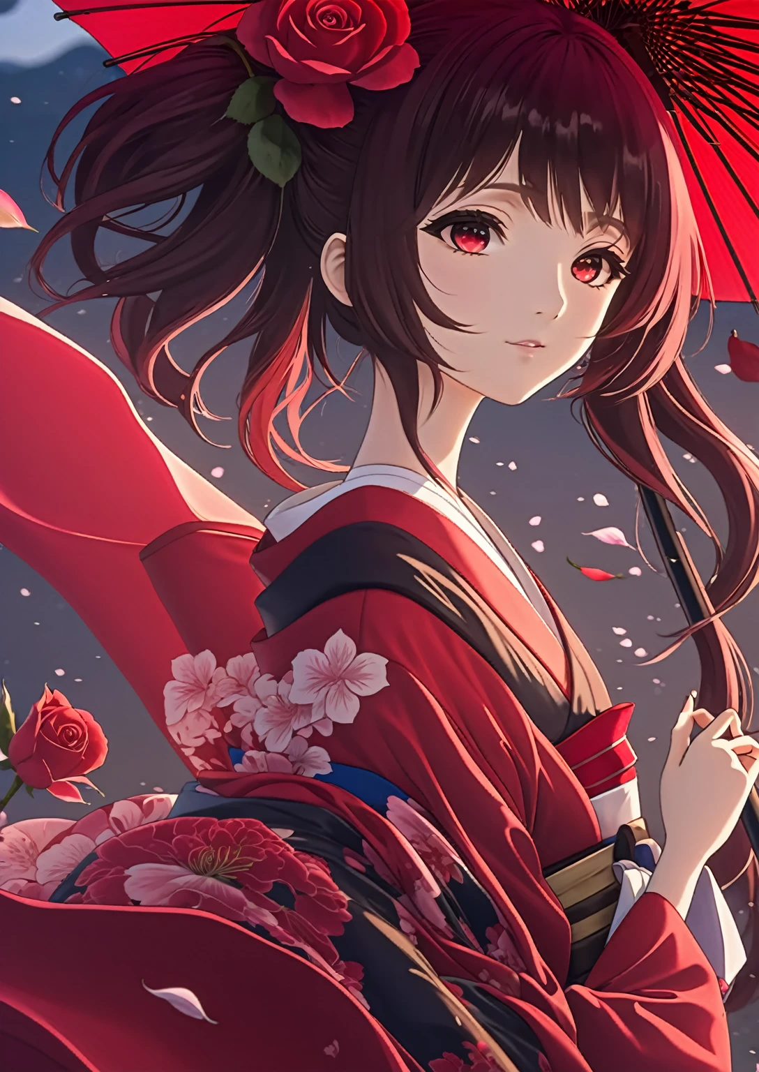 Anime girl with red umbrella and red rose umbrella, Enchanting anime girl, Japanese Goddess, Anime Style 4k, Half Yamada, In kimono, Best anime 4k konachan wallpaper, Beautiful and attractive anime woman, Anime Art Wallpapers 8K, In kimono, anime art wallpaper 4k, anime art wallpaper 4k, Gwaiz