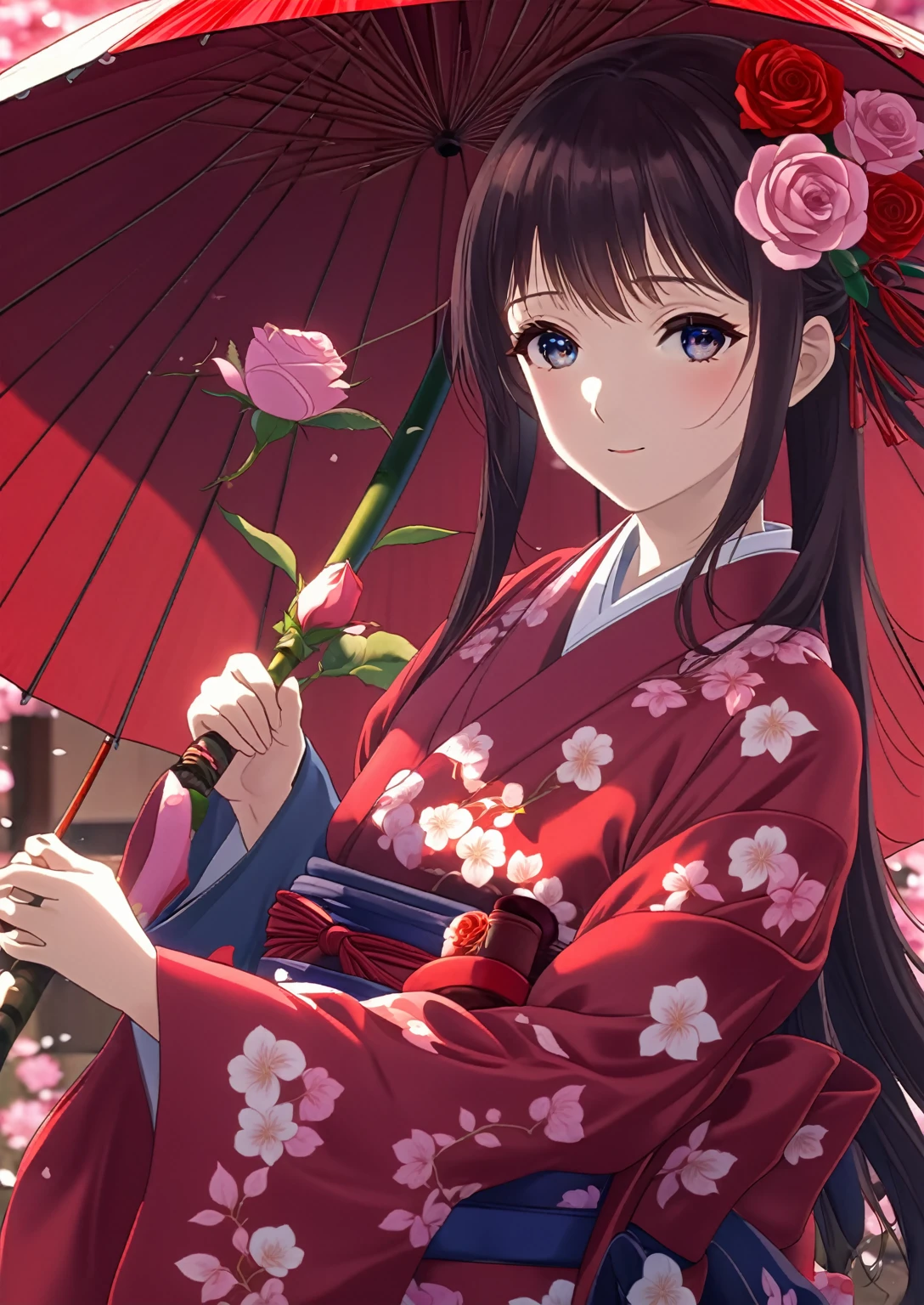 Anime girl with red umbrella and red rose umbrella, Enchanting anime girl, Japanese Goddess, Anime Style 4k, Half Yamada, In kimono, Best anime 4k konachan wallpaper, Beautiful and attractive anime woman, Anime Art Wallpapers 8K, In kimono, anime art wallpaper 4k, anime art wallpaper 4k, Gwaiz