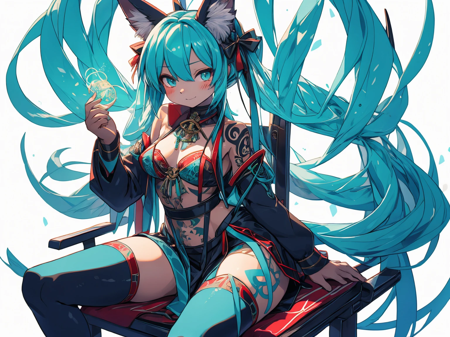 Miku Hatsune, High Definition, kitsune ears, tribal tattoo, gorgerous girl, Small breasts add_detail, magician girl add_detail, sitting in a chair facing forward, thin waist, wide hips wide thighs add_detail:1
