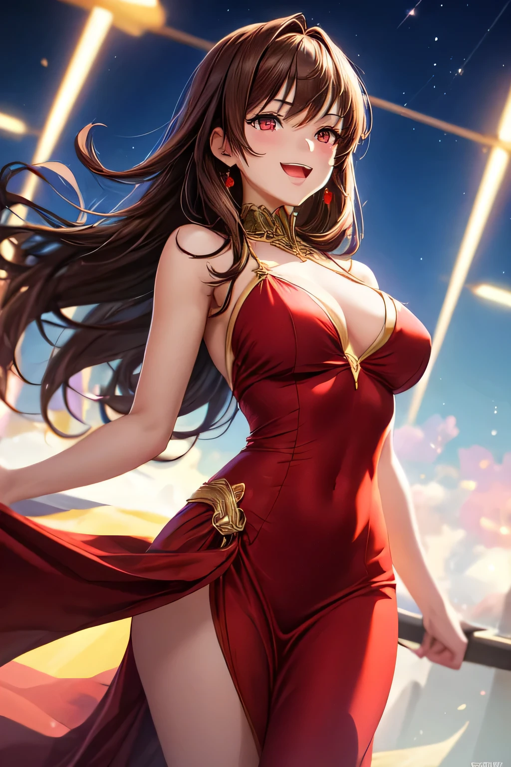 a beautiful brunette girl with flowing brown hair, red eyes, wearing a red imperial dress with a deep neckline, anime style, against a bright sky background with twinkling lights, dynamic angle, arrogant laughter