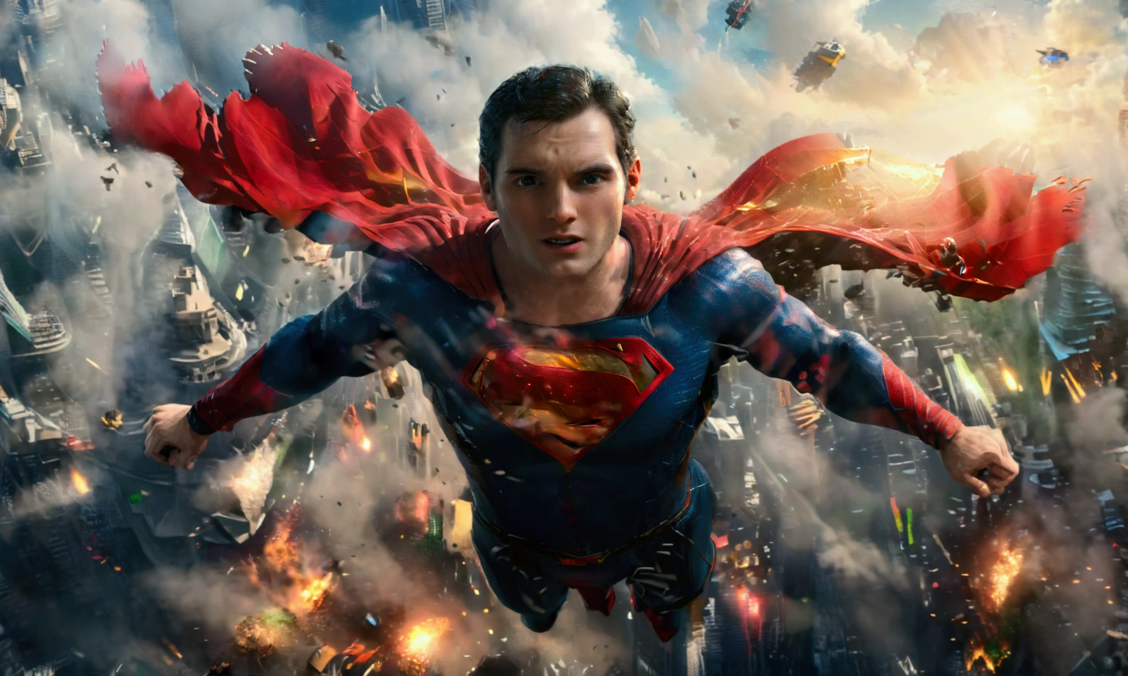 (highres, realistic:1.37), Superman flying over a bustling city, 