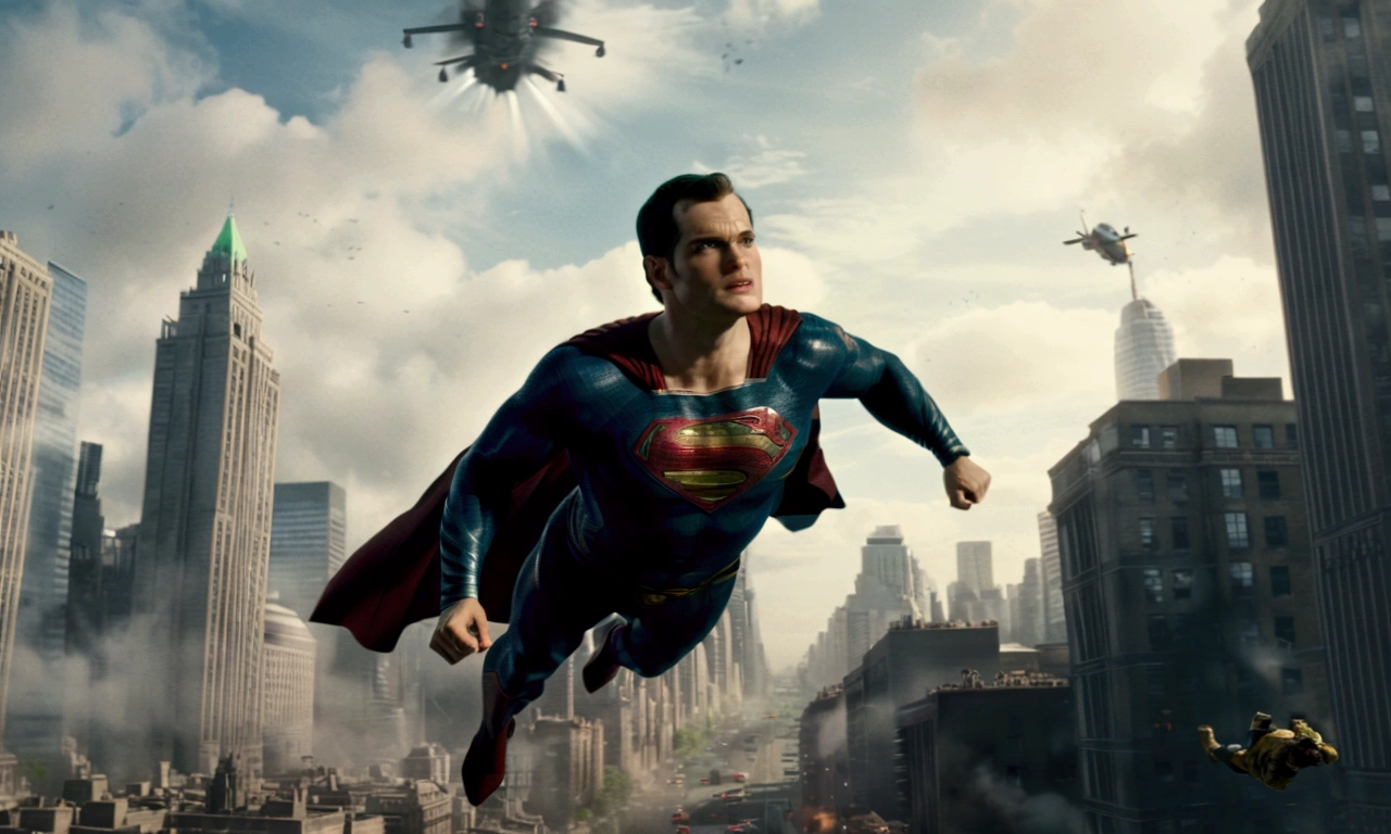 (highres, realistic:1.37), Superman flying over a bustling city, 