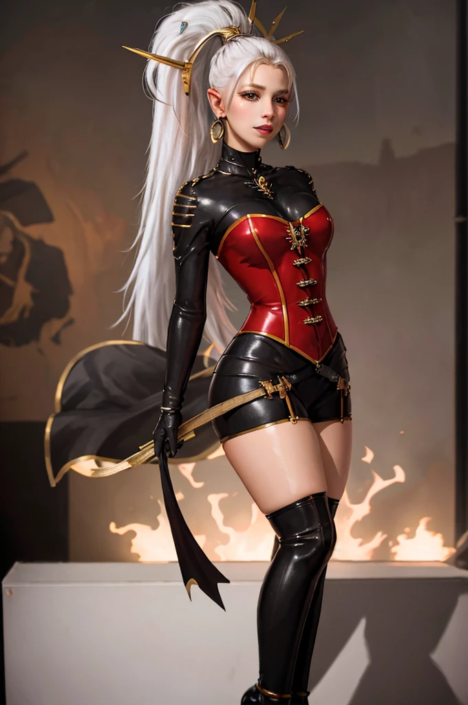 8K,highres,absurdres,masterpiece,best quality,original,extremely detailed CG,extremely detailed wallpaper,perfect lighting,1girl,blurry_background,looking_at_viewer,standing on the stage,
yvraine,long hair,jewelry,very long hair,ponytail,white hair,earrings,