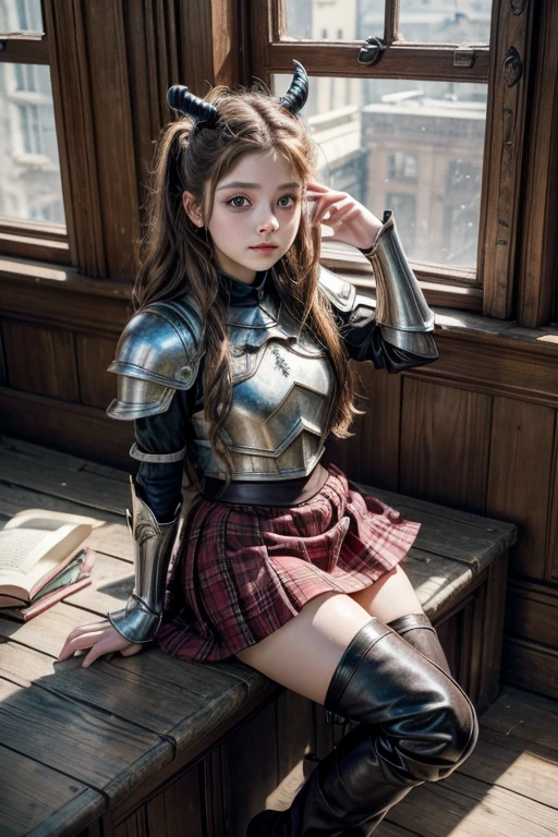 Karol Sevilla, High quality ultra-realistic image, beautiful face, black horn, armor, library, Red eyes, horn, layer, Skirt, long boots, Brown hair, window, 
