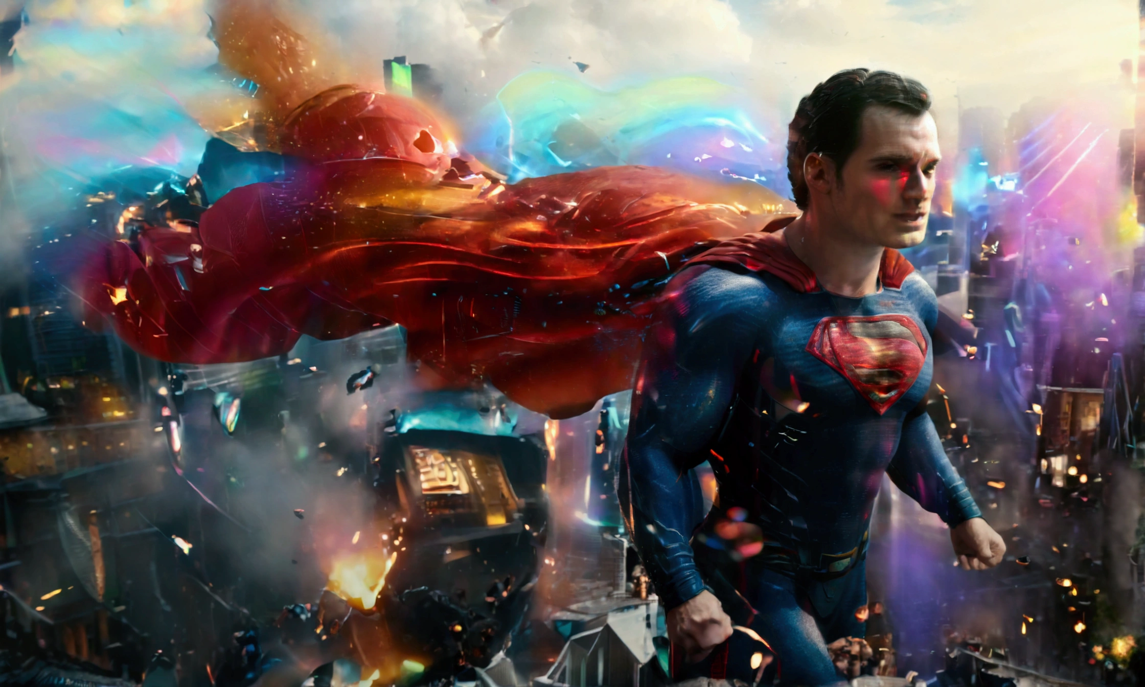 (highres, realistic:1.37), Superman flying over a bustling city, 