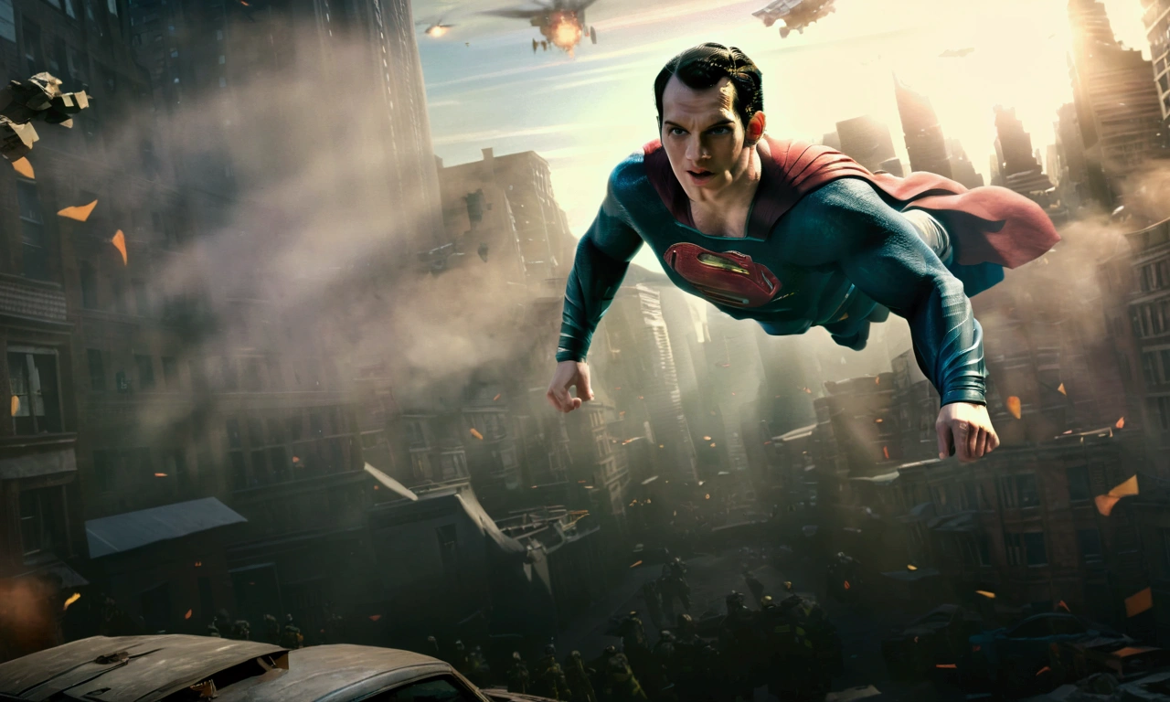 (highres, realistic:1.37), Superman flying over a bustling city, 