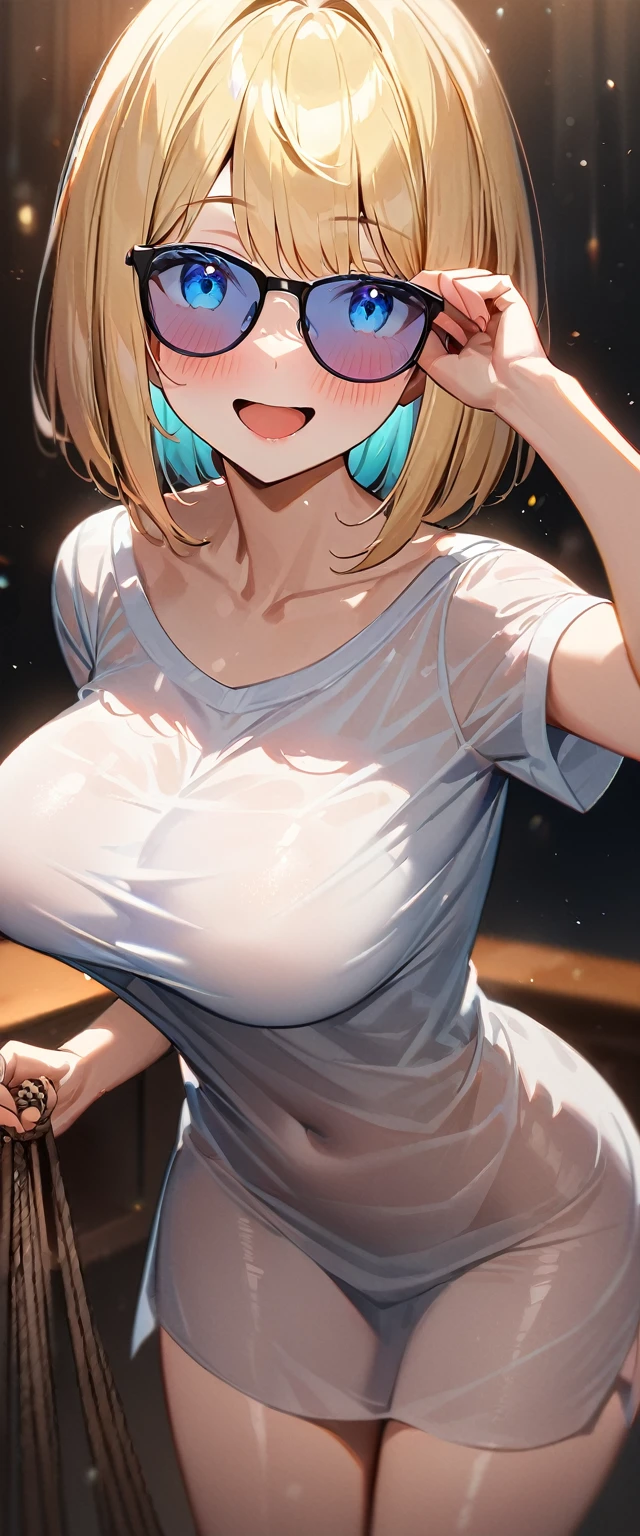 (((One Girl))), Blonde, Bobcut, (Cowboy Shot), ((sunglasses, hand to sunglasses)), (View your viewers), Focus on the face, teenager, Tilt your head:1.3, (((blue eyes))), ((Smile)), ((blush)), Contrasting, Place one hand on hip, (((Exposed skin))), , (((Tying up big breasts with rope))), underwear, ((See-through clothing:1.3)), Naked Shirt, , Anime Style, (Highest quality, 4K, 8K, High resolution, masterpiece:1.2, Super detailed, Super detailed eyes, High resolution, 超High resolution, Studio Lighting, Ultra-fine painting, Sharp focus, Physically Based Rendering, Very detailed explanation, Professional, Vibrant colors, Bokeh)、excited、Heavy breathing、Open mouth and tongue、