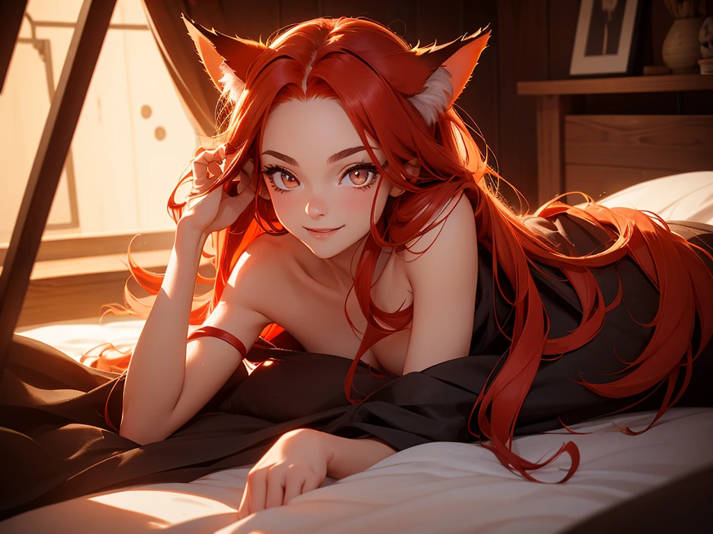 1 girl with long red hair, amber eyes, fox ears, bald tail, naked, lying in bed, in room, Wooden walls, Dark lighting, On knees, Passionate Face, youthful look, thin, smile,