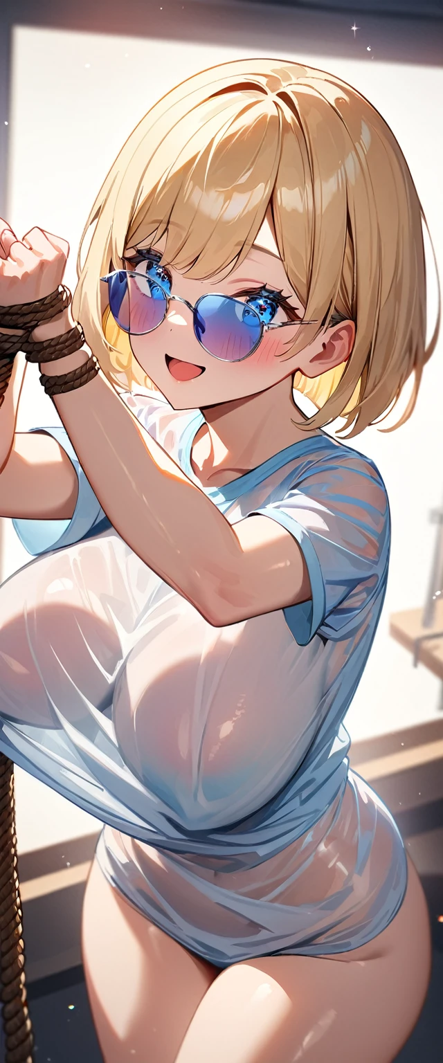 (((One Girl))), Blonde, Bobcut, (Cowboy Shot), ((sunglasses, hand to sunglasses)), (View your viewers), Focus on the face, ager, Tilt your head:1.3, (((blue eyes))), ((Smile)), ((blush)), Contrasting, Place one hand on hip, (((Exposed skin))), , (((Tying up big breasts with rope))), leotard, ((See-through clothing:1.3)), Naked Shirt, , Anime Style, (Highest quality, 4K, 8K, High resolution, masterpiece:1.2, Super detailed, Super detailed eyes, High resolution, 超High resolution, Studio Lighting, Ultra-fine painting, Sharp focus, Physically Based Rendering, Very detailed explanation, Professional, Vibrant colors, Bokeh)、excited、Heavy breathing、Open mouth and tongue、