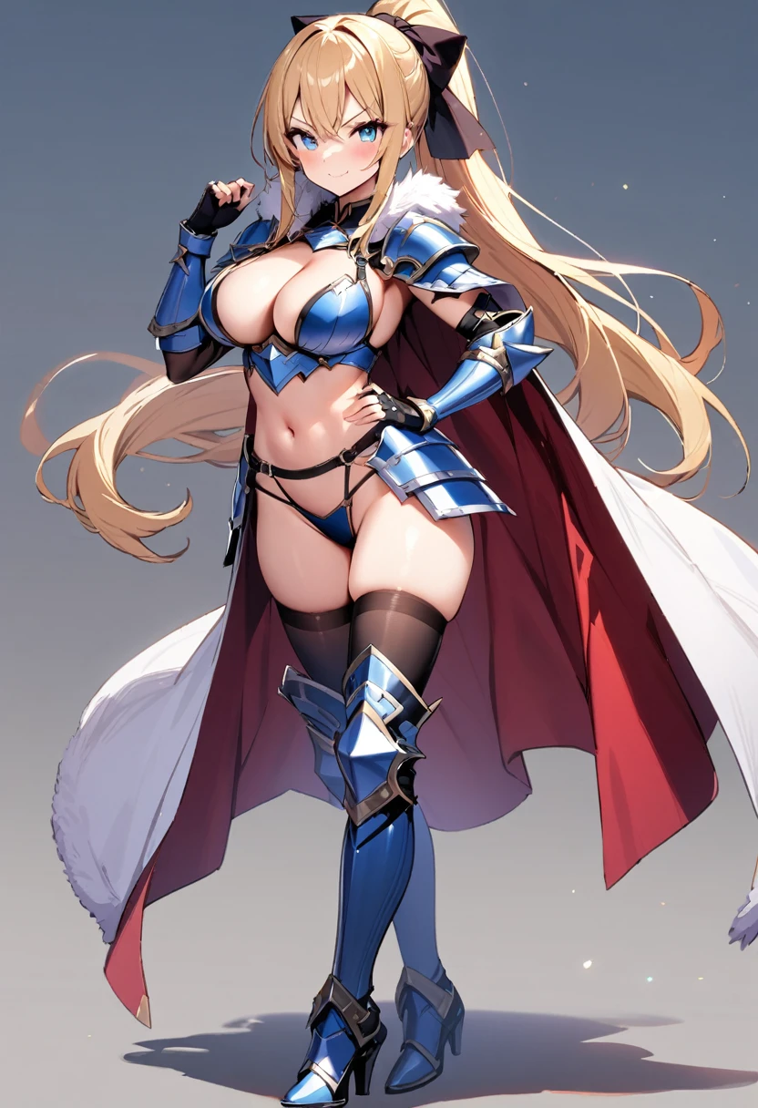 masterpiece, best quality, 1girl, breasts, solo, blonde-hair, blue-eyes, pelvic-curtain, navel, armor, large-breasts, ponytail, cape, cleavage, gloves, weapon, looking-at-viewer, smile, boots, fingerless-gloves, full-body, very-long-hair, standing, revealing-clothes, bikini-armor, black-gloves, fur-trim, simple-background, thighhighs, stomach, hand-on-hip, gauntlets, shoulder-armor, hair-bow, closed-mouth, bow, high-heels, midriff, armored-boots, hand-up, thigh-boots, thighs, ribbon, hair-between-eyes, v-shaped-eyebrows, blush, hair-ribbon, sheath