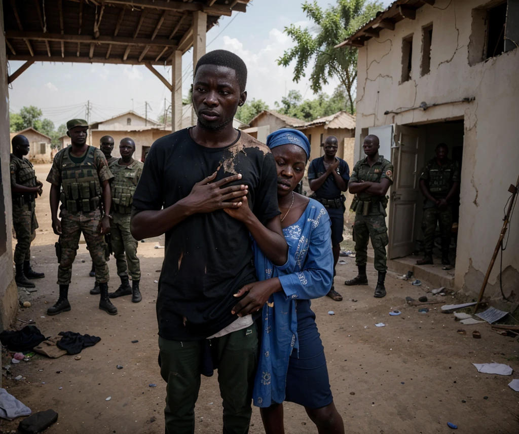 A powerful, emotional image capturing the aftermath of a violent attack in a Nigerian village, with elements highlighting the presence of security forces and the community's reaction. The scene should convey urgency, resilience, and the call for immediate action to ensure safety and security.