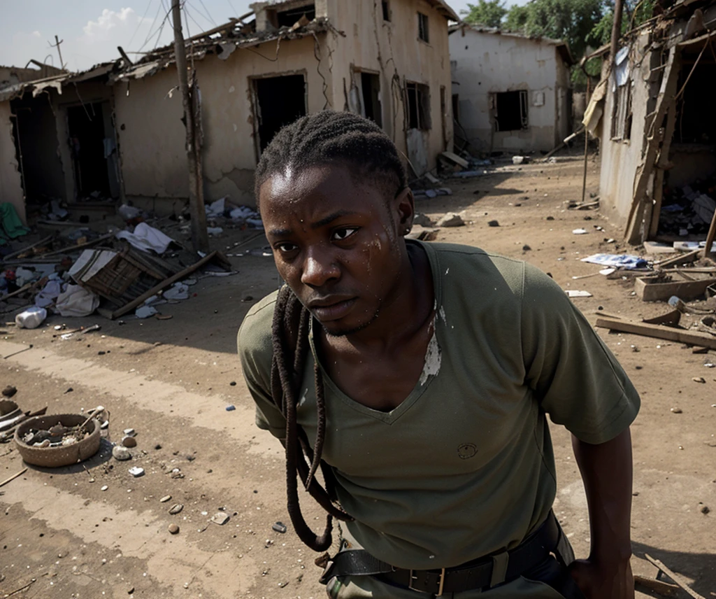 A powerful, emotional image capturing the aftermath of a violent attack in a Nigerian village, with elements highlighting the presence of security forces and the community's reaction. The scene should convey urgency, resilience, and the call for immediate action to ensure safety and security.