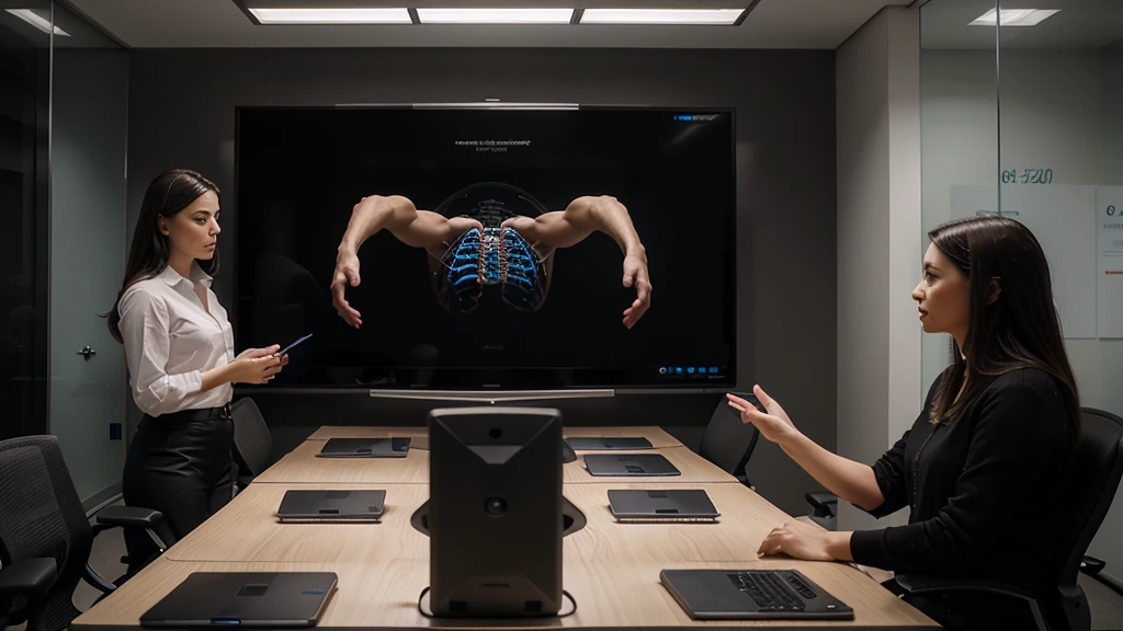 (Very Realistic):1.5 Company employees in a meeting room discussing, perfect anatomy, hidden hands, Graphs on a screen, 8k, HD