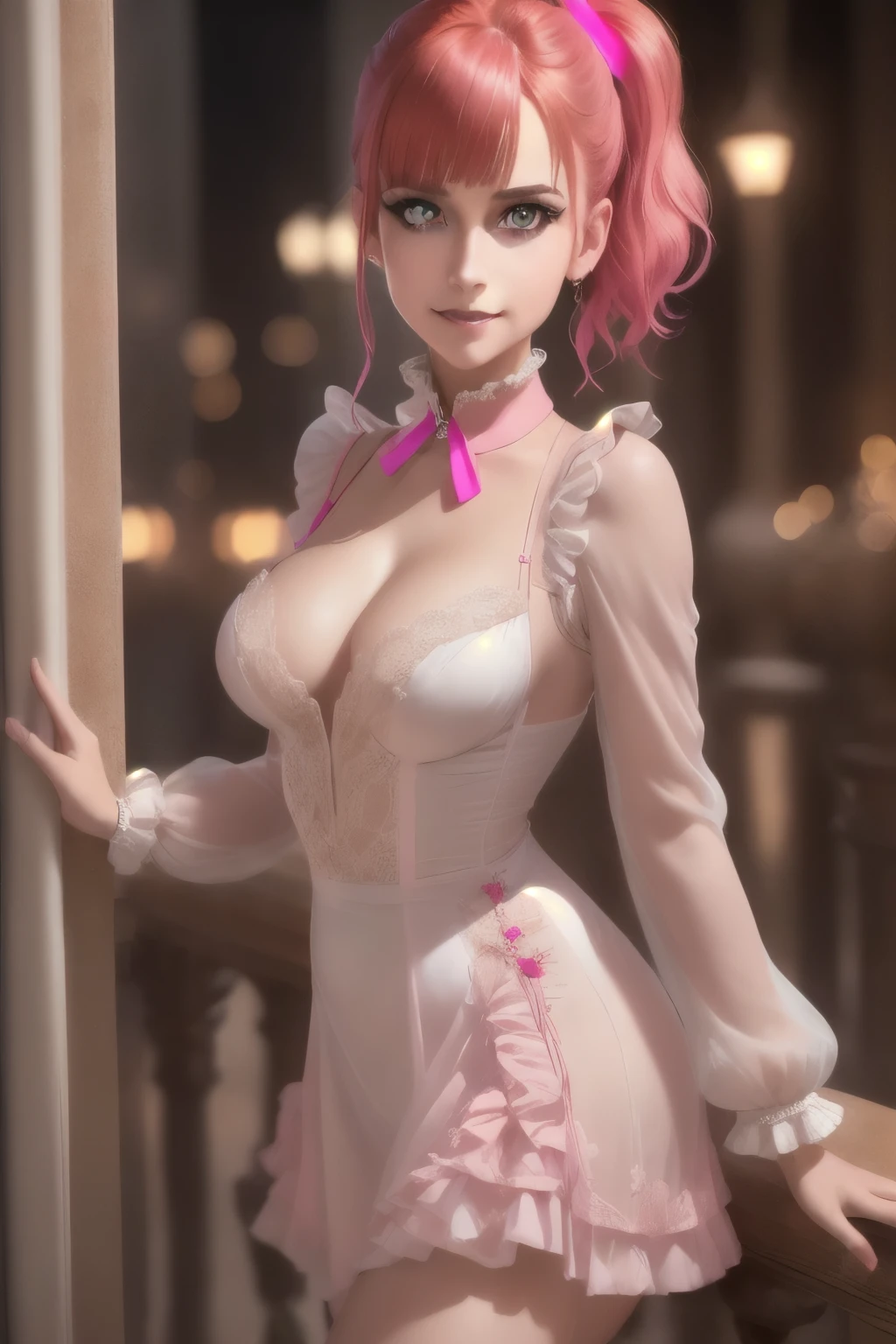 (masterpiece), best quality, expressive eyes, perfect face, {{{{masterpiece}}}},{{{emaiti}}}, {{{Super detailed}}}, {{{high resolution}}}, {{good anatomy}}, (((best quality))),(((neon pink eyes))),{{Extremely detailed and refined}}, {4k CG wallpaper}, {{illustration}}, ((red hair)),((looking out a window,in school)),(((face portrait,detailed face,big big eyeballs,standing,bust,standing))),(((sideponytail:1.2|short hair|ponytail|Detailed hair|blunt bangs|shiny hair))),(((Gothic blonde outfit,dress frills,neck collar))),{{{happy,smile with teeth}}},(lesbian,1 woman:1),(small breasts),masterlighting,((The details are complex、Shallow depth of field、movie lighting、Reflectors、a Canon EOS R5、50mm lens、f / 2.8、shot at 8k resolution)),yandere girl,,Three View, Best anime 4k,short detailed hair,gary gradient background, (masterpiece), best quality, expressive eyes, perfect face, (Super detailed,ultra high resolution,detailed background)),ancient city,dark forest at night,spooky,Chill,Inspiration,1 girl,wearing a minidress、Wearing a white collared long-sleeved