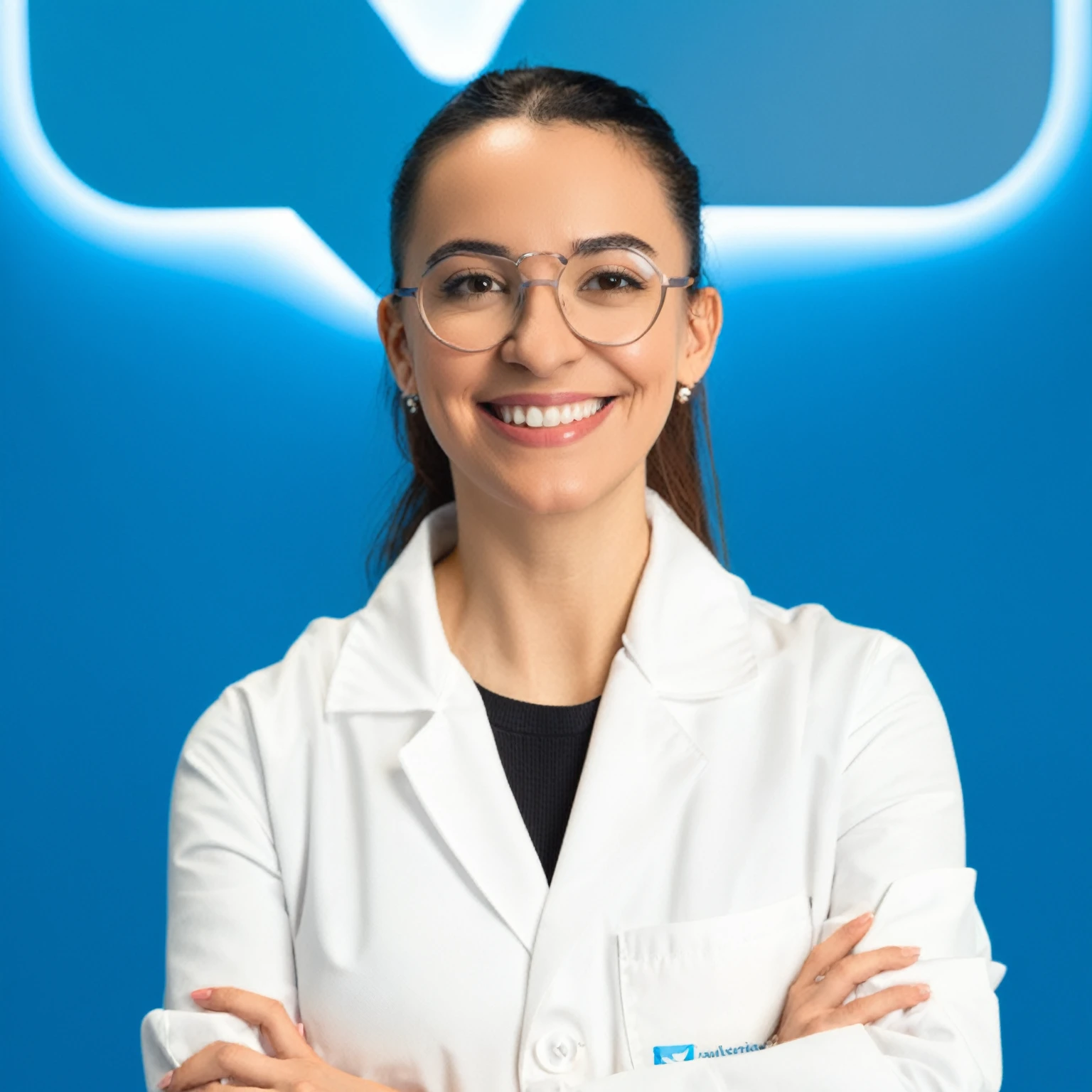 smiling woman in lab coat with arms crossed and a blue background, fernanda suarez, adriana dxim, valentina remenar, mina petrovic, professional picture, estefania villegas burgos, professional profile photo, sanja stikovic, professional profile picture, dentist, profile image, icaro carvalho, malika favre