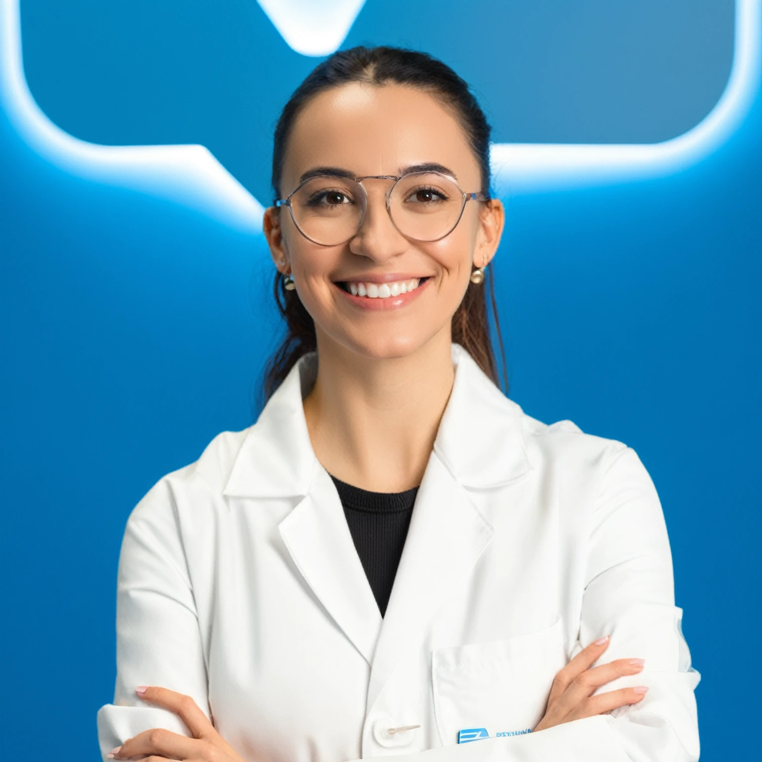 smiling woman in lab coat with arms crossed and a blue background, fernanda suarez, adriana dxim, valentina remenar, mina petrovic, professional picture, estefania villegas burgos, professional profile photo, sanja stikovic, professional profile picture, dentist, profile image, icaro carvalho, malika favre