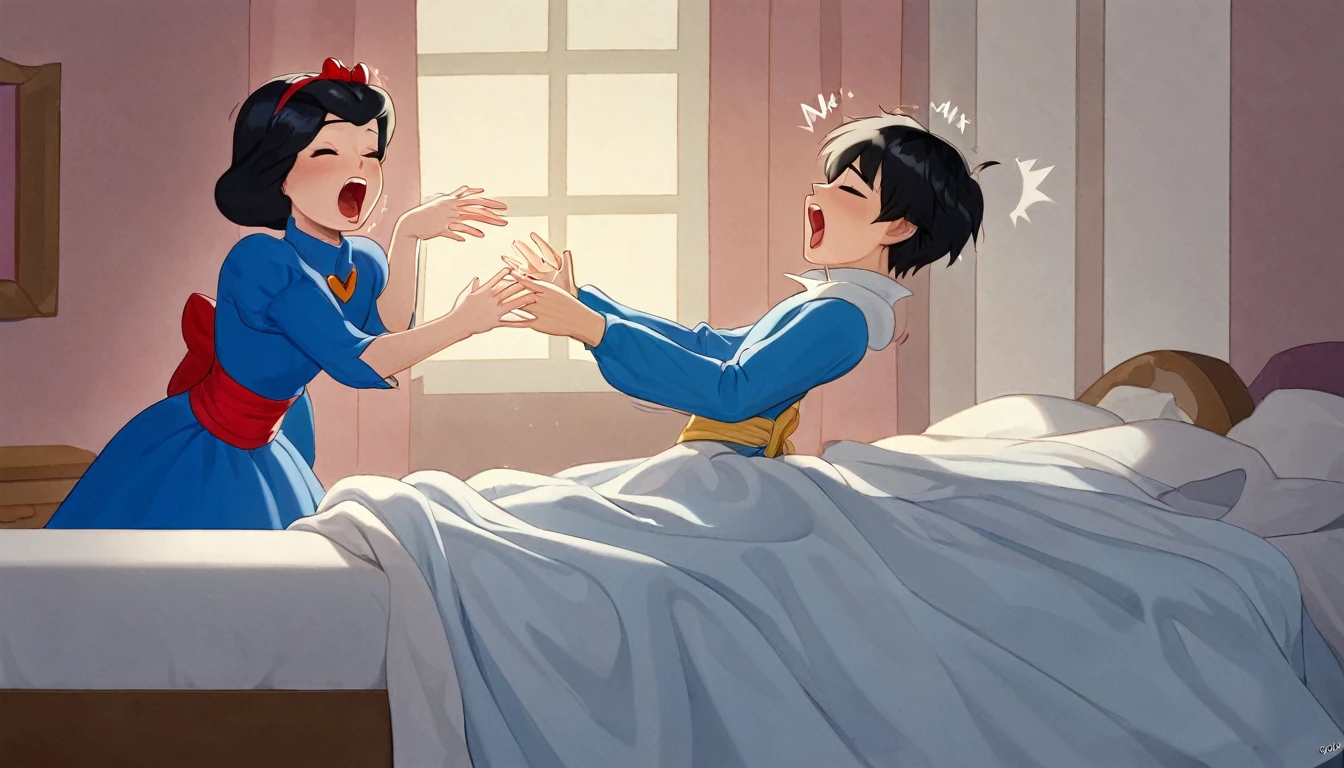 Three kpop boy, (((boy))), snow white short hair, in milky white colored sweater outfit, seated on a bed, inside bedroom, chill lofi, wake up, have a big stretch, Yawn a big long yawn, morning