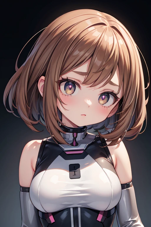 Best Quality, high detail, 4k, human, robot girl, Android Face(Metal), steel & anium leather, robotic face(with human features), cyber eyes(Circle of hard eyes, clear pupil), 1 girl, Formal, perfect hands(5 fingers), Wig(fake fur), bigionic armor, longitud total, whole body, Masterpiece body, Ochako Uraraka Pecho Grande
