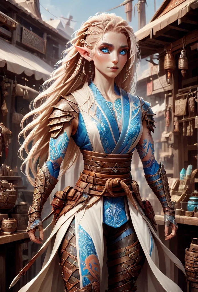 D&D character art. athletic slender female elf. colorful tribal and rune tattoos, 150cm in hight, big blue eyes,long wild blond hair with site cornrows. wearing pale white ronin leather kimono. reinforced armored bracers. fingerless armored gloves. wide leather utility tool belt. leather haka pants. armored boots. a broad vicious katana hanging from belt. standing in front of a magic equipment vendor in a fantasy magic marketplace. oil painting style
