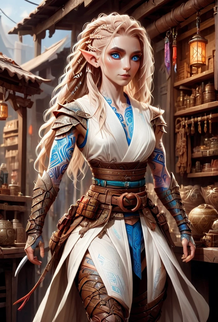 D&D character art. athletic slender female elf. colorful tribal and rune tattoos, 150cm in hight, big blue eyes,long wild blond hair with site cornrows. wearing pale white ronin leather kimono. reinforced armored bracers. fingerless armored gloves. wide leather utility tool belt. leather haka pants. armored boots. a broad vicious katana hanging from belt. standing in front of a magic equipment vendor in a fantasy magic marketplace. oil painting style
