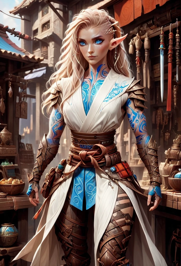 D&D character art. athletic slender female elf. colorful tribal and rune tattoos, 150cm in hight, big blue eyes,long wild blond hair with site cornrows. wearing pale white ronin leather kimono. reinforced armored bracers. fingerless armored gloves. wide leather utility tool belt. leather haka pants. armored boots. a broad vicious katana hanging from belt. standing in front of a magic equipment vendor in a fantasy magic marketplace. oil painting style
