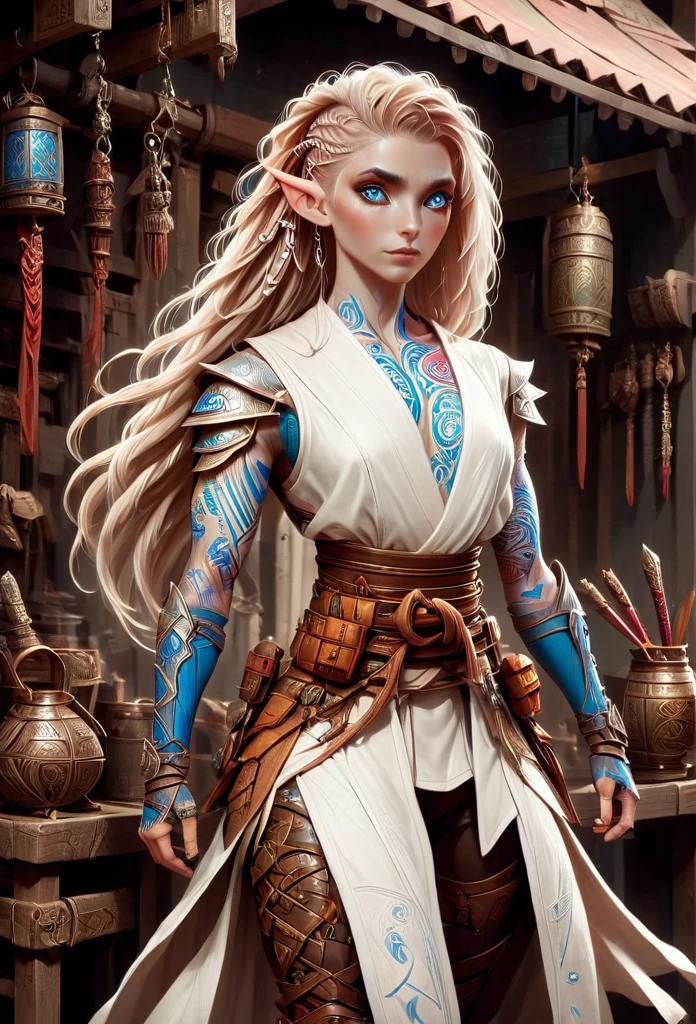 D&D character art. athletic slender female elf. colorful tribal and rune tattoos, 150cm in hight, big blue eyes,long wild blond hair with site cornrows. wearing pale white ronin leather kimono. reinforced armored bracers. fingerless armored gloves. wide leather utility tool belt. leather haka pants. armored boots. a broad vicious katana hanging from belt. standing in front of a magic equipment vendor in a fantasy magic marketplace. oil painting style
