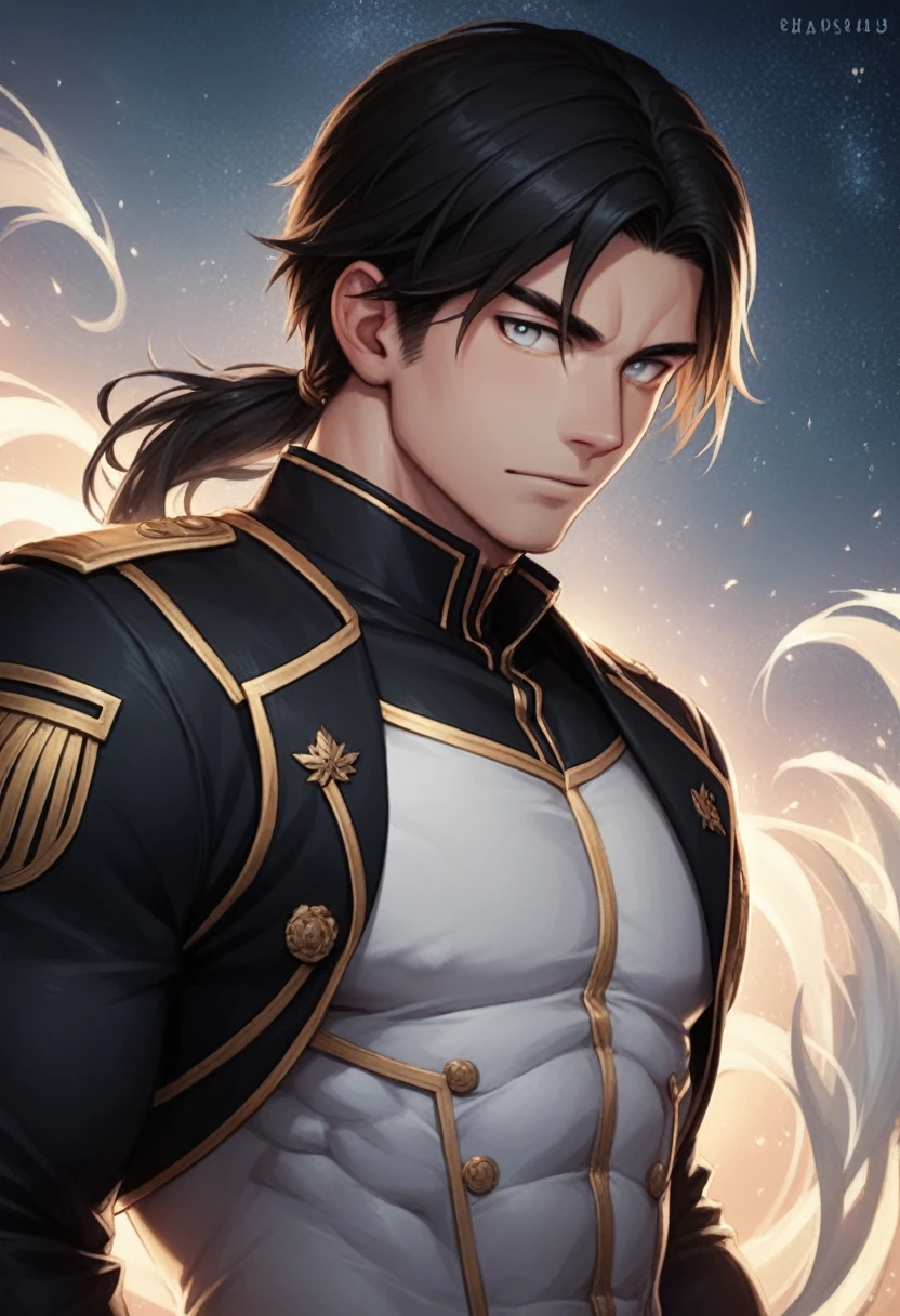 A man of 25 years old. He is a strong man, muscular, a tall man, gray-black hair color, white eye color, his eyes shine with light, a beautiful hairstyle, he looks sharply at the viewer, looks at me, behind him is chaos and destruction, the destruction of the universe,  He wears the clothes of a fighter, his clothes are slightly torn, the best accuracy, detailed realism, his body is beautiful and proportional, his body is muscular, very handsome, the body of a god, the best accuracy, Anime face, anime style, Anime, The uniform of a hermit fighter, Holy fighting dress