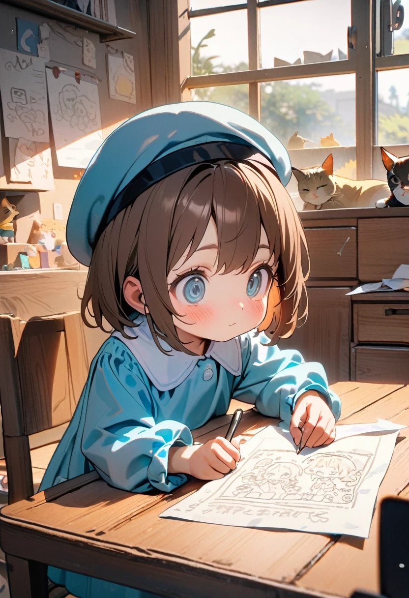 (8K, best quality, master piece: 1.2),super high resolution,1 girl,,solo,ultra-detailed face,deep detailed eyes,Brown hair,short hair,Beret,kindergarten uniform smock,The girl is holding the receiver of a 1900s telephone in one hand and talking on it while doodling on a piece of paper with the other hand,The paper has illustrations of three cats in different positions, as well as the date and place name written on it,rim light,messy children's room
