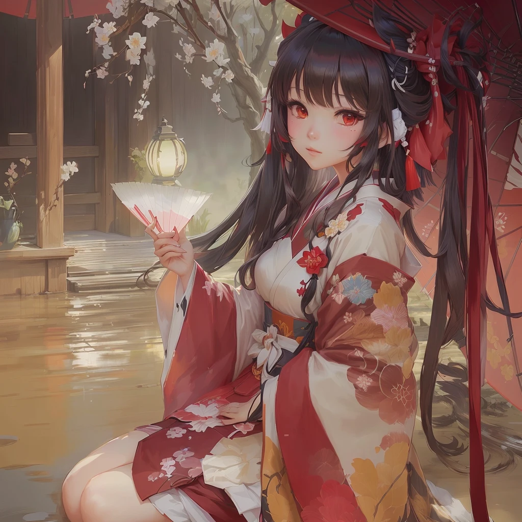 Anime girl in a kimono sitting under a tree with a red umbrella, Artistic rendering of Reimu Hakurei, onmyoji, Gwaiz, onmyoji portrait, The Detailed Art of the Onmyoji, artwork in the style of Gwaiz, Gwaiz on pixiv artstation, Reimu Hakurei, Gwaiz on artstation pixiv