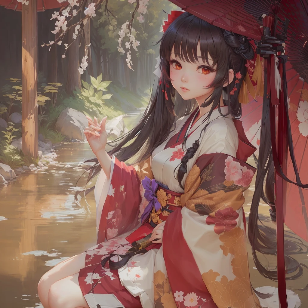 Anime girl in a kimono sitting under a tree with a red umbrella, Artistic rendering of Reimu Hakurei, onmyoji, Gwaiz, onmyoji portrait, The Detailed Art of the Onmyoji, artwork in the style of Gwaiz, Gwaiz on pixiv artstation, Reimu Hakurei, Gwaiz on artstation pixiv
