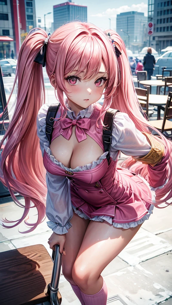((work of art)), (best qualityer), (detailded), 1 girl,
gazing at viewer, (lipstick:0.75), leaning forward,
long pink hair, twintails,
colorful thighs,
winter, bright coloured, Beautiful breasts, beautifull butt,light pink outfit ,a random profession cosplay.. objects on the procession, chair ,Enter details of your chosen profession