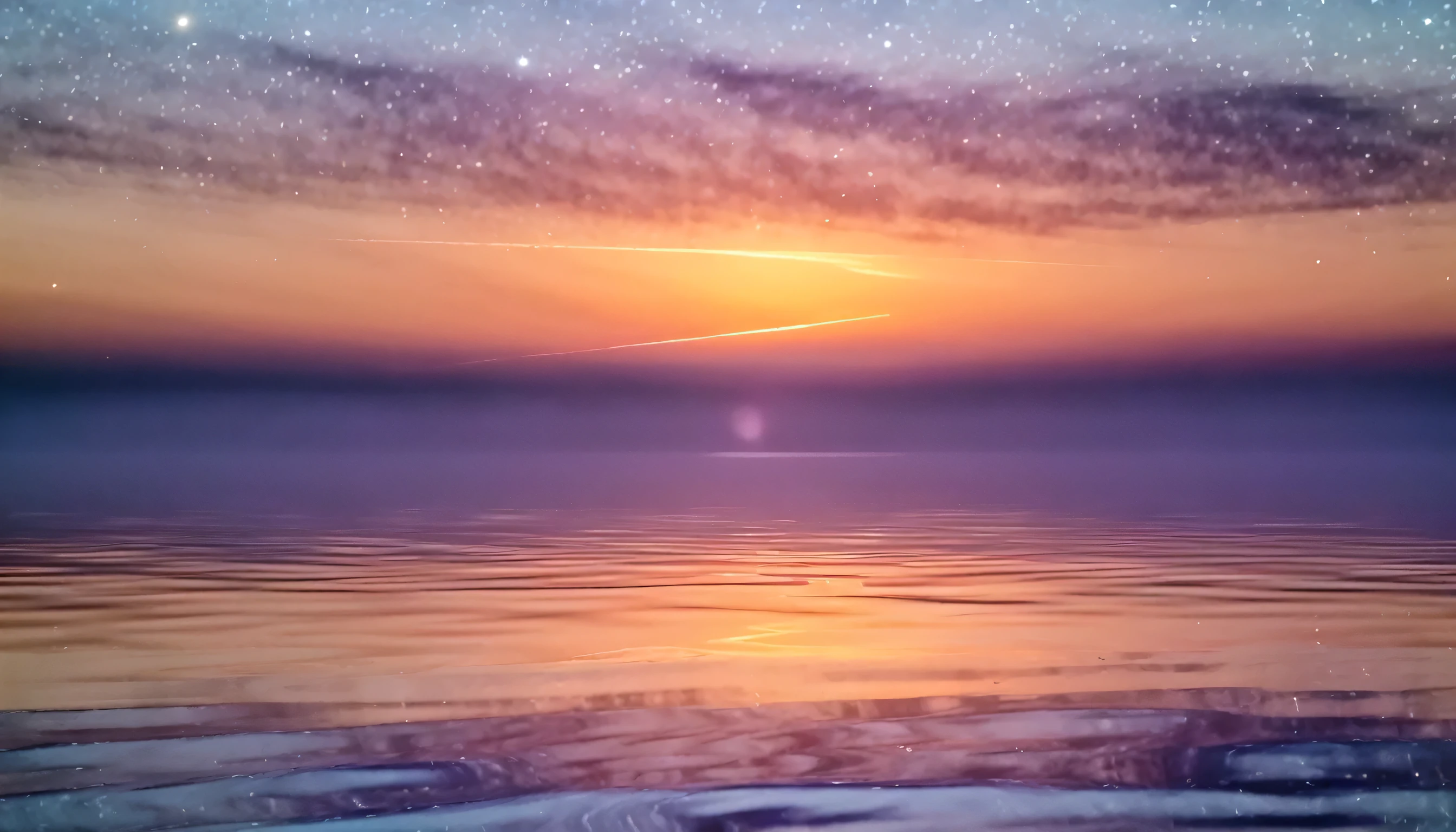 Beautiful starry sky, Calm water, The sun is rising above the horizon, photograph, Artistic,