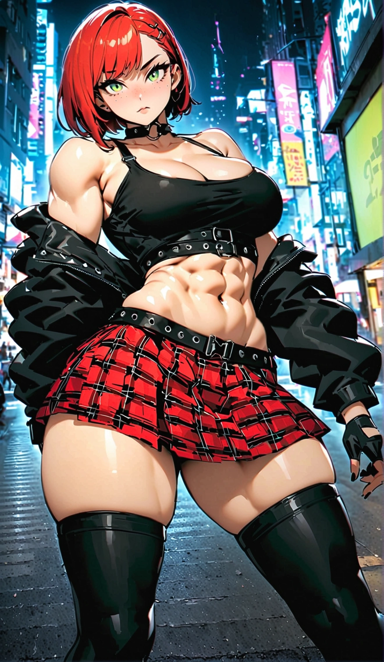 woman, curly red pixie cut hair, green eyes, wearing crop top black shirt, long black jacket, red plaid skirt, (black knee high boots), black fingerless gloves, exposed shoulders, (full body), large breasts, thick thighs, freckles, cleavage, abs, looking at viewer, masterpiece, best quality, an14