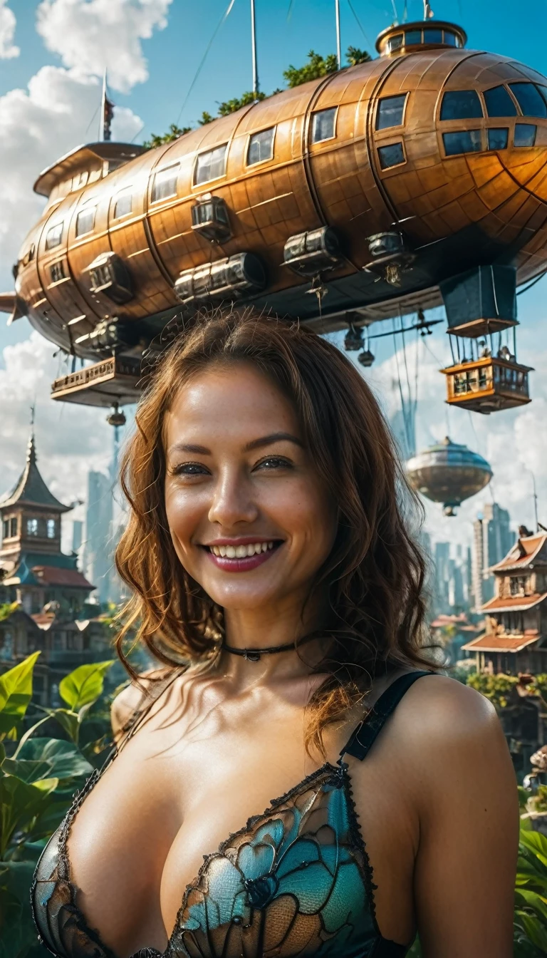 Many islands are floating in the air, A small tourist airship is flying around, City, Fantasy, A magical plant grows, Extreme Detail, Realistic Light, A magnificent composition, (Intricate details), (Intricate Design, Super detailed :1.2), Art Station, (masterpiece, Highest quality), Ultra HD, 32K  (Close-up portrait of 40yo beautiful very sexy cyberpunk girl is smiling at viewers:1.1)