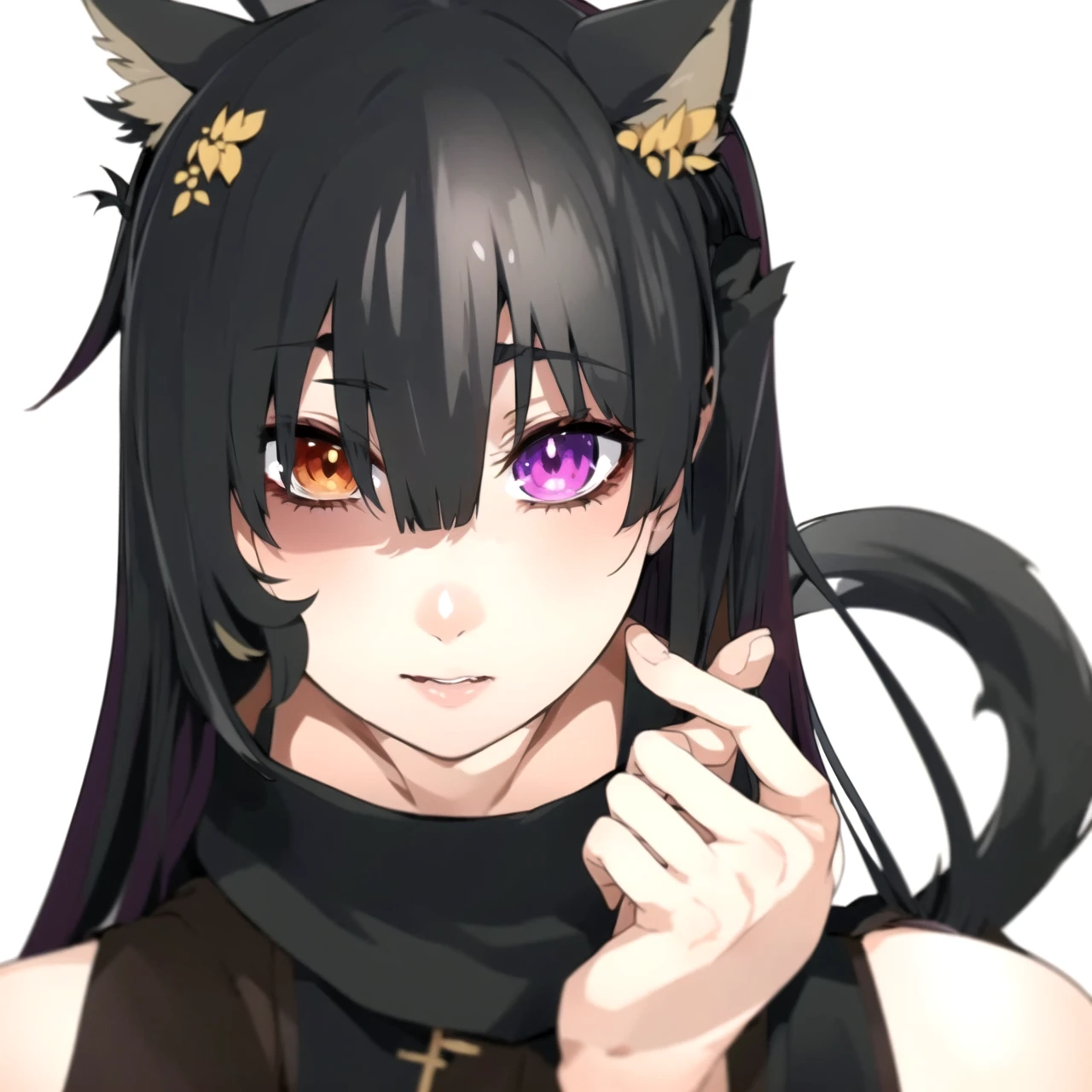 masterpiece, 1girl, demon slayer, multicolored hair, Black kimono, x sash, looking at viewer, standing, in forest, perfect light, hands away, make a demon slayer character based off lilith with owl wings and cat ears