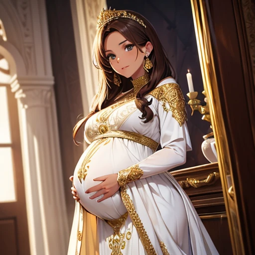 Beautiful pregnant queen, brown hair, ornate white dress with gold details,