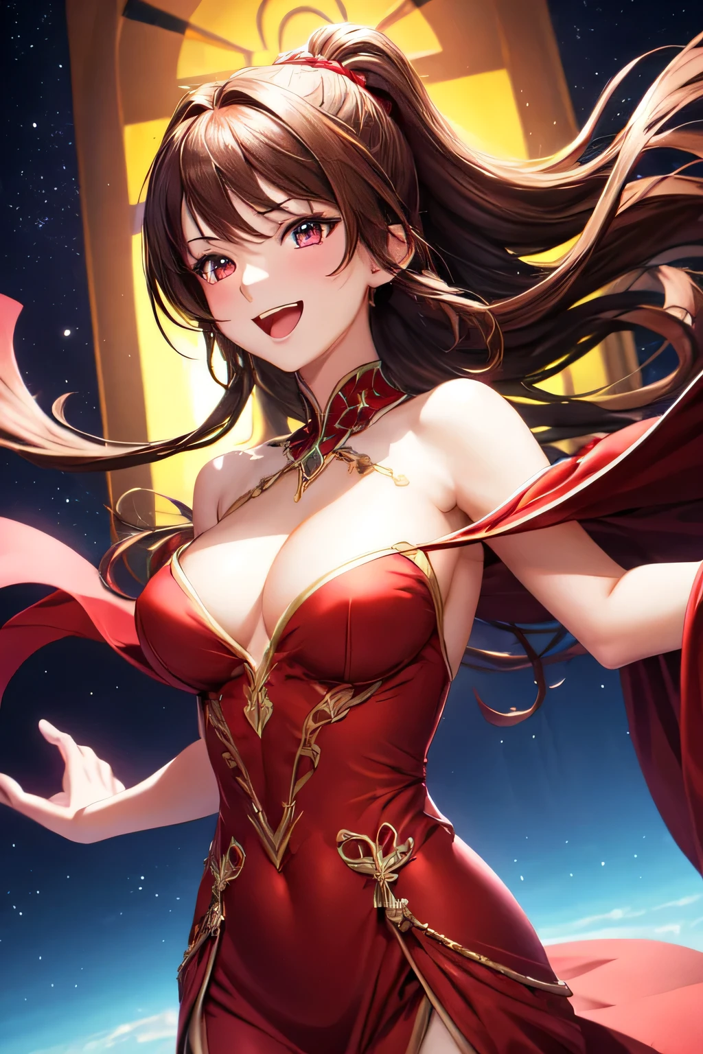 a beautiful brunette girl with flowing brown hair, red eyes, wearing a red imperial dress with a deep neckline, anime style, against a bright sky background with twinkling lights, dynamic angle, arrogant laughter