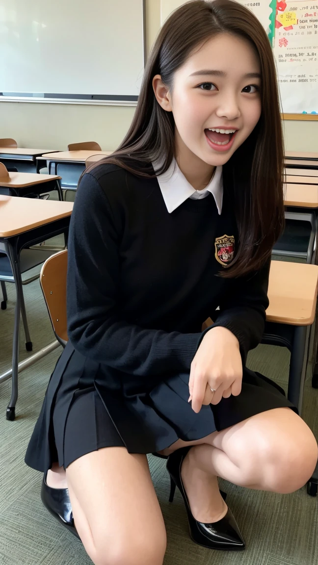 (Highest quality, masterpiece, Photo Real, Super detailed, Ultra-high resolution, born:1.3), Detailed face,(カメラを見て大笑いする女子高born), beautiful, Japanese, 16 years old,(学born服:1.2), (Looking at the camera and laughing with his mouth wide open), classroom,(Long legs,Black pumps, whole body:1.2)