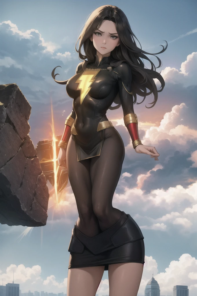 masterpiece, best quality,  mary marvel, black dress, red skirt, long sleeves, bracer, large breasts, skintight, wide hips, leaning forward, wink, looking at viewer, cityscape, sky, clouds, from below, pov, upper body