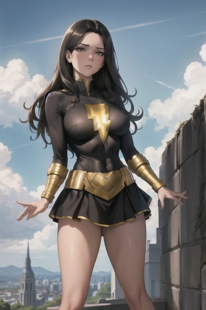 masterpiece, best quality, mary marvel, black dress, red skirt, long sleeves, bracer, large breasts, skintight, wide hips, leaning forward, wink, looking at viewer, cityscape, sky, clouds, from below, pov, upper body