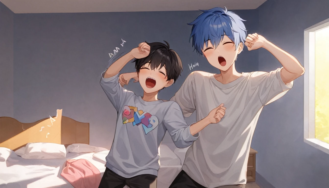 Emo anime boy, blue hair, skin very white, laughing, sitting on sofa, barefoot, getting tickled on the soles of her feet by a dark-skinned boy