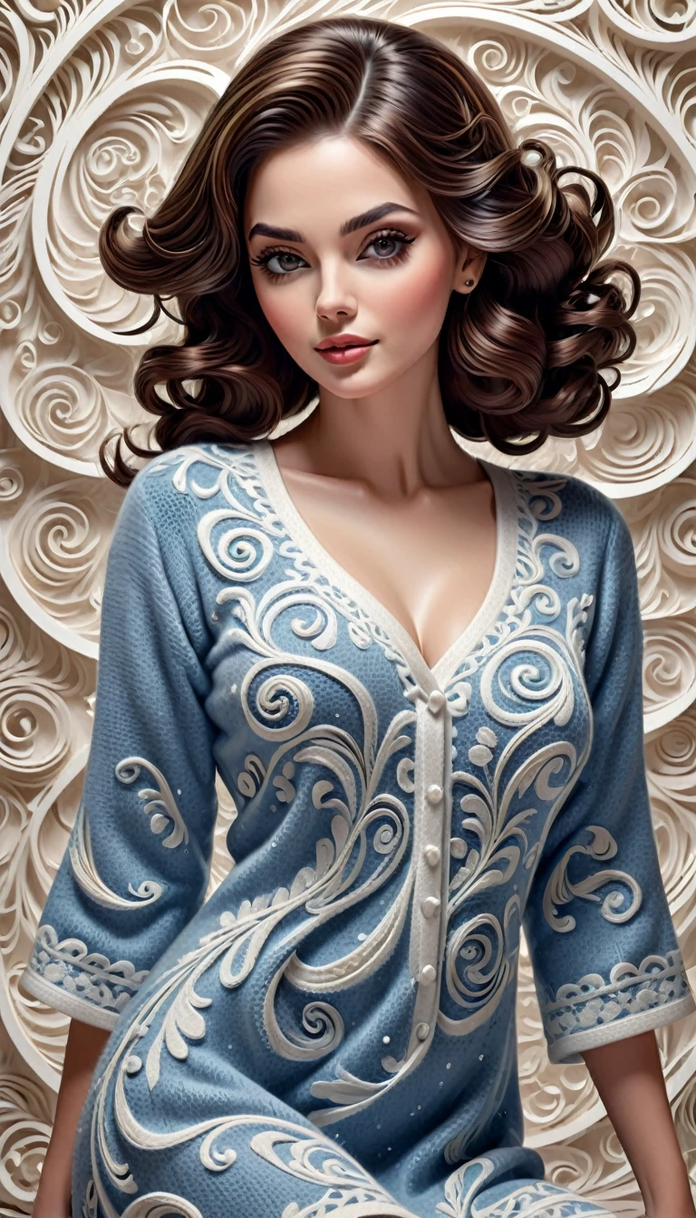 A uniquely crafted woolen artwork depicting an attractive beautiful lady wearing nighties . The detailed design incorporates swirling patterns and hard edges, giving the piece a distinct and artistic flair. , adding a warm and inviting touch to the overall composition., photo, illustration, 3d render, typography, poster