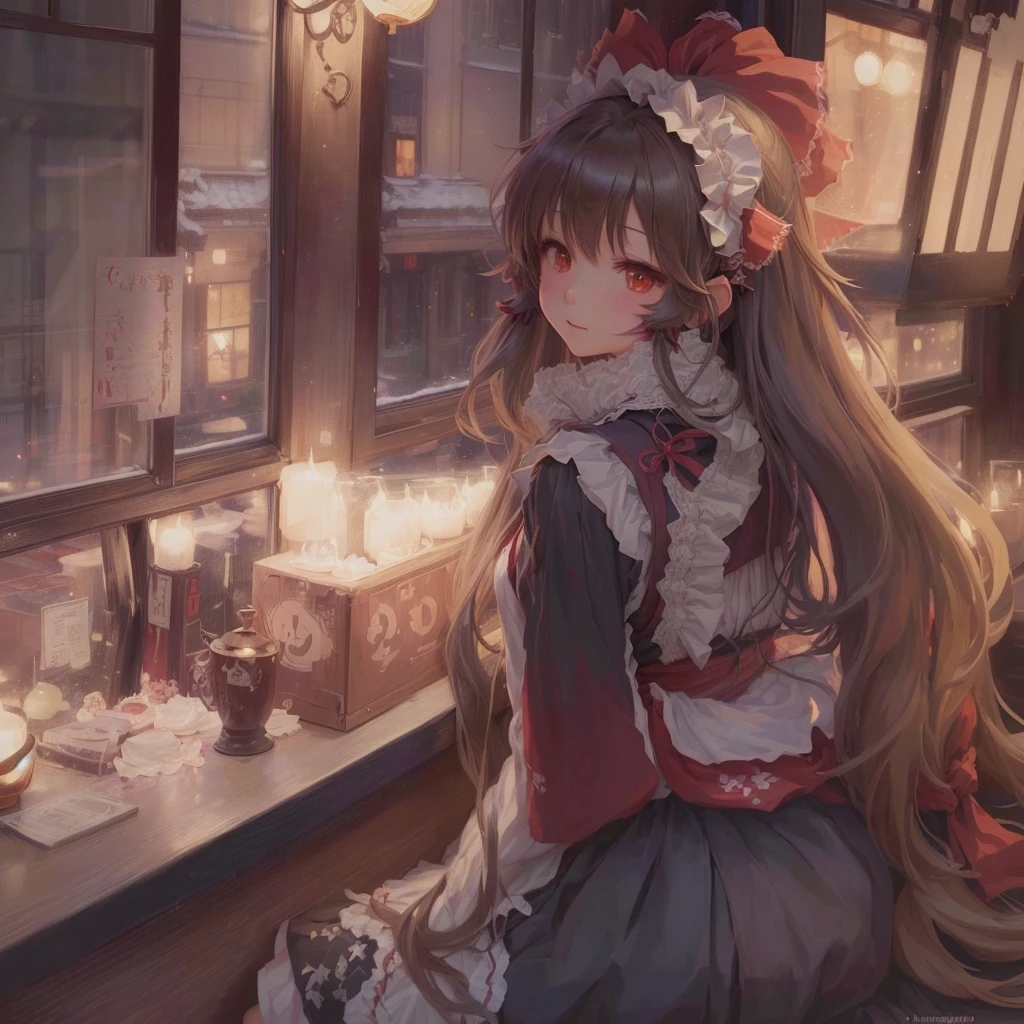Anime girl sitting in front of a window holding a candle, Mysterious Coffee Shop Girl, Zerochan Art, Long Hair Anime Girl, Anime Style 4k, Digital art on pixiv, Beautiful anime art, by Kamaguruka, HD Anime Wallpaper, Artistic rendering of Reimu Hakurei, Cute anime waifu in a nice dress, by Shimo