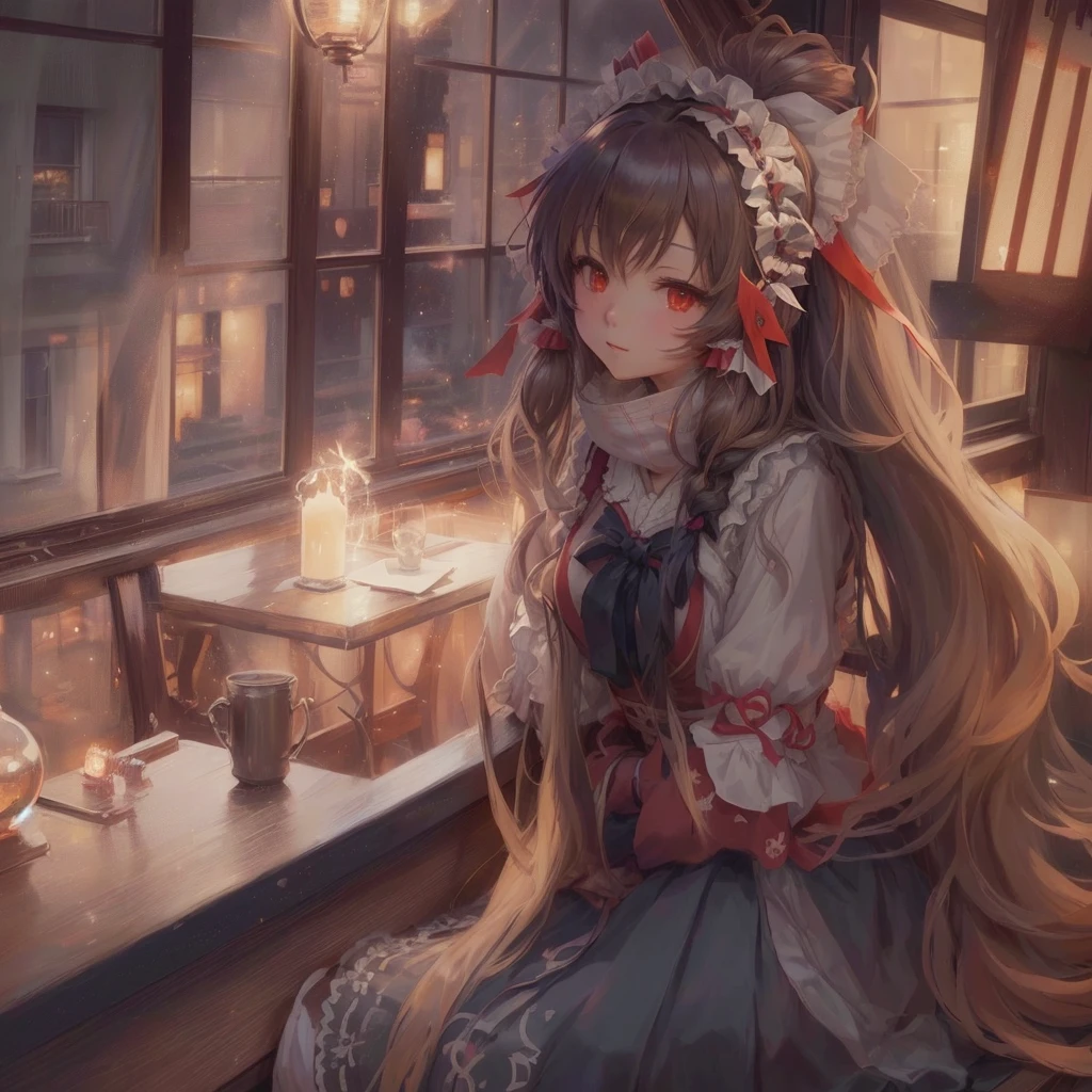 Anime girl sitting in front of a window holding a candle, Mysterious Coffee Shop Girl, Zerochan Art, Long Hair Anime Girl, Anime Style 4k, Digital art on pixiv, Beautiful anime art, by Kamaguruka, HD Anime Wallpaper, Artistic rendering of Reimu Hakurei, Cute anime waifu in a nice dress, by Shimo
