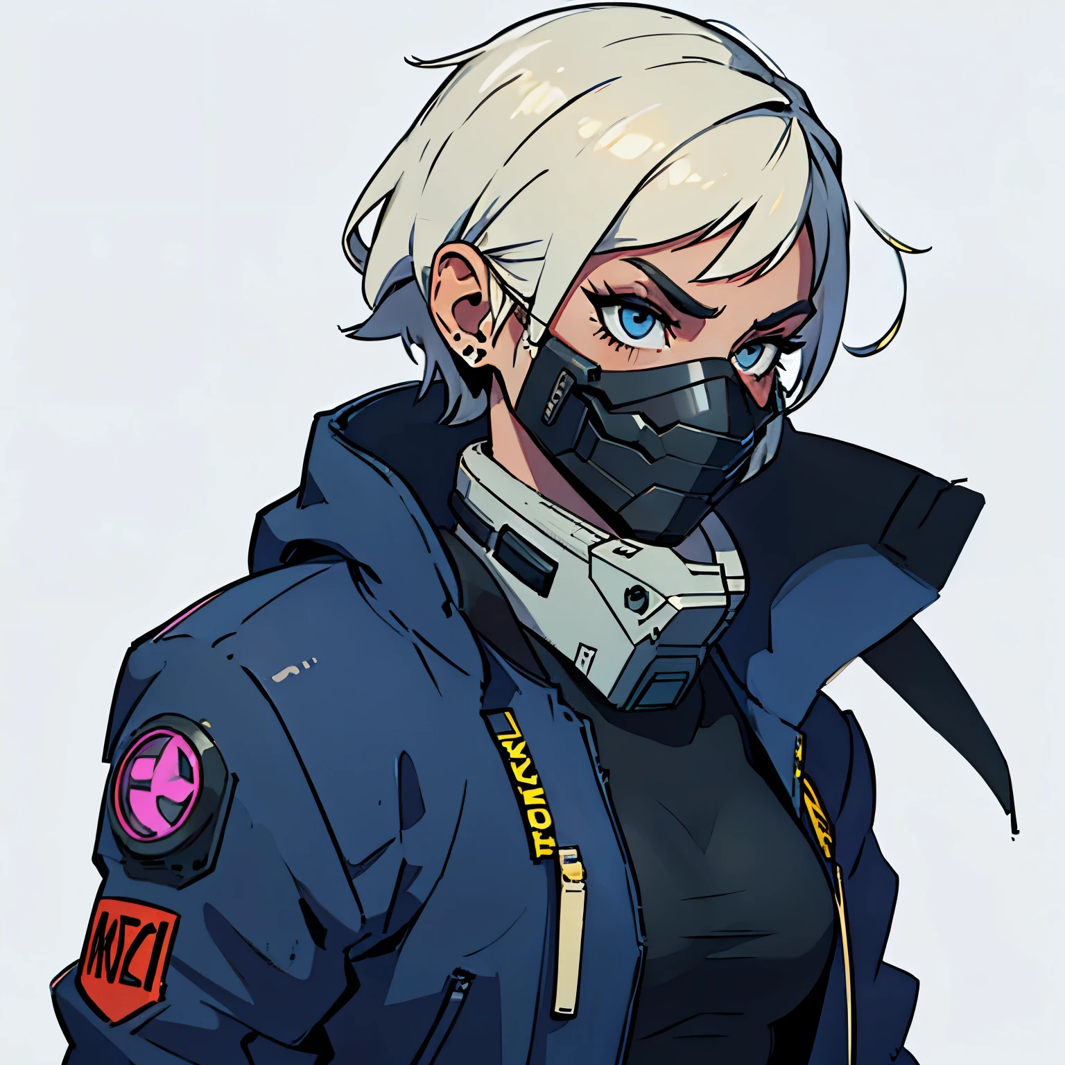 Criminal, woman, short hair, slim, jacket, futuristic protection mask, (evil) (simple background), plano medio