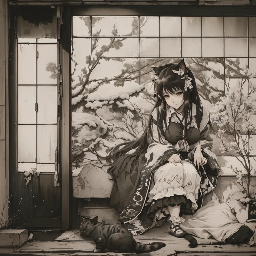 There is a woman sitting on the window sill with a cat., Gwaiz, artwork in the style of Gwaiz, Gwaiz masterpiece, A mix of anime style and Fujifilm, Artistic rendering of Reimu Hakurei, By Ren, Reimu Hakurei, Another Iwakura, shikishi, Anime Images, Anime Aesthetics