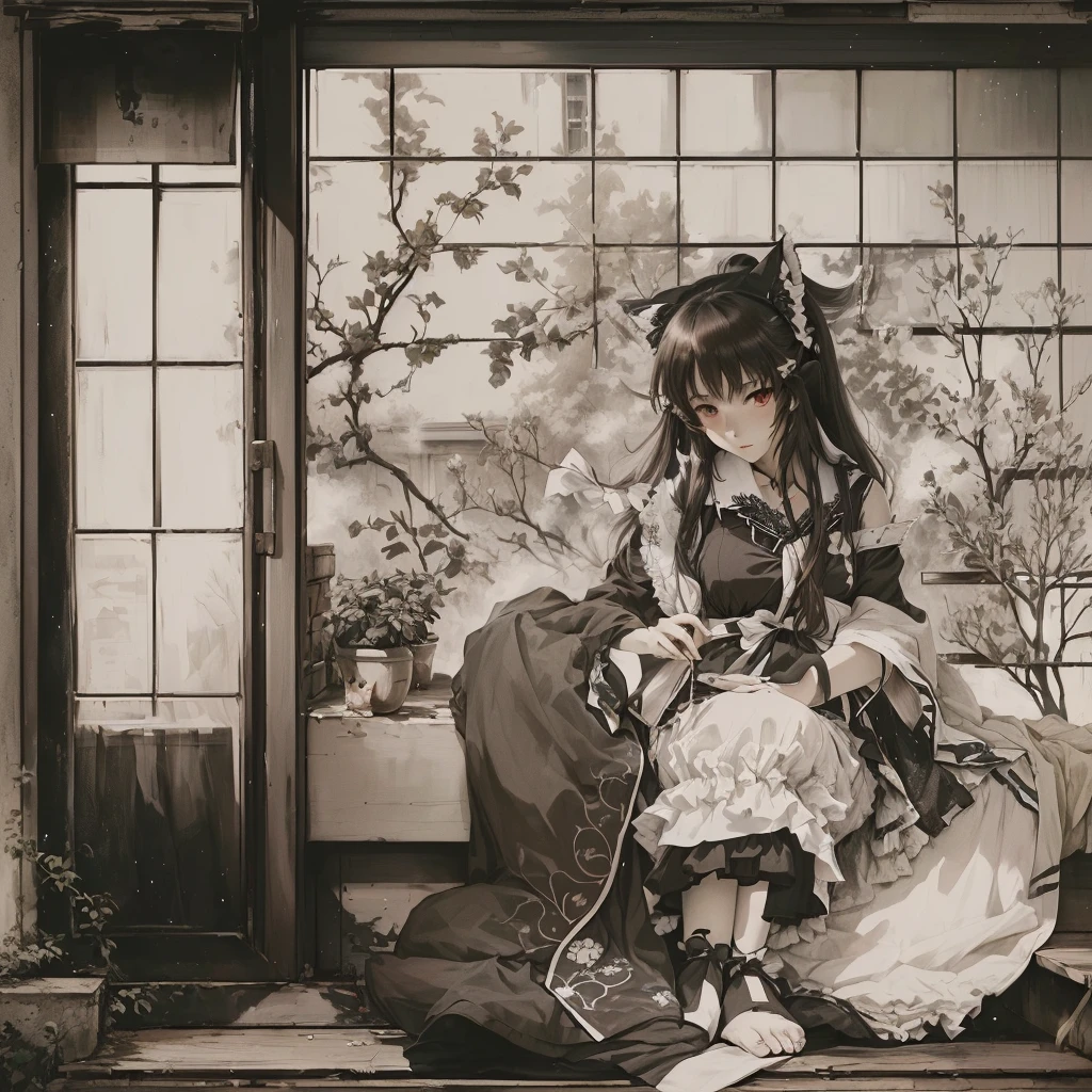 There is a woman sitting on the window sill with a cat., Gwaiz, artwork in the style of Gwaiz, Gwaiz masterpiece, A mix of anime style and Fujifilm, Artistic rendering of Reimu Hakurei, By Ren, Reimu Hakurei, Another Iwakura, shikishi, Anime Images, Anime Aesthetics
