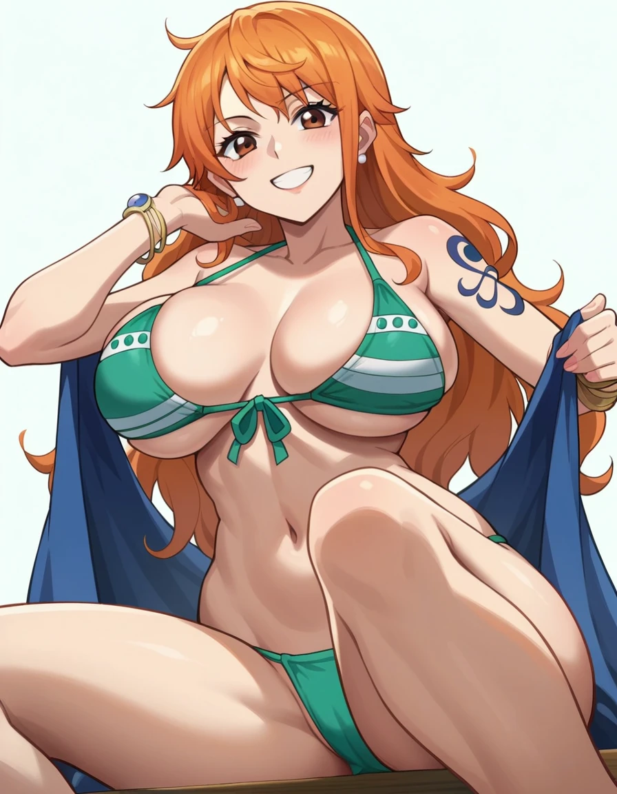 score_9, score_8_up, score_7_up, source_anime BREAK, anime screencap, 1girls, Nami, orange hair, long hair, large breasts, simple background, bikini, from below, smile, looking at viewer, sexy, sitting