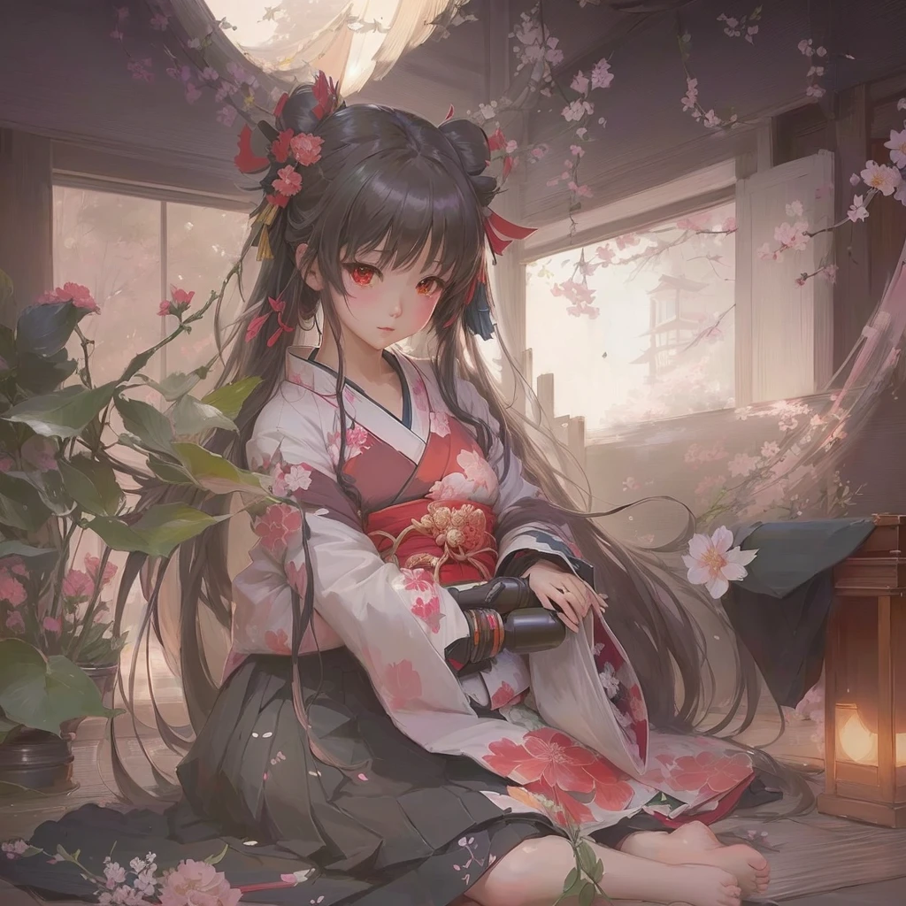 Anime girl in kimono sitting on the floor holding flowers, Gwaiz on pixiv artstation, Gwaiz, Gwaiz on artstation pixiv, Artistic rendering of Reimu Hakurei, by Shimo, artwork in the style of Gwaiz, Zerochan Art, artstation pixivでトレンド